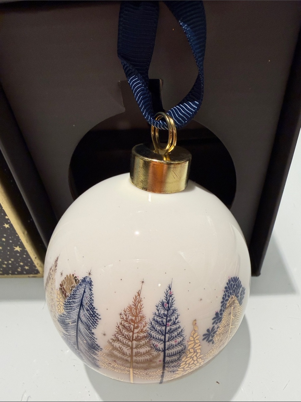 Portmeirion Sarah Miller White Holiday Ornament with Navy and Gold Tree Design